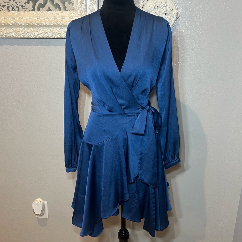 Elegant Blue Asymmetrical Wrap Dress